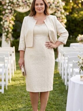TAHARI Elegant Cream Two-Piece Dress Suit with Lace Trim
